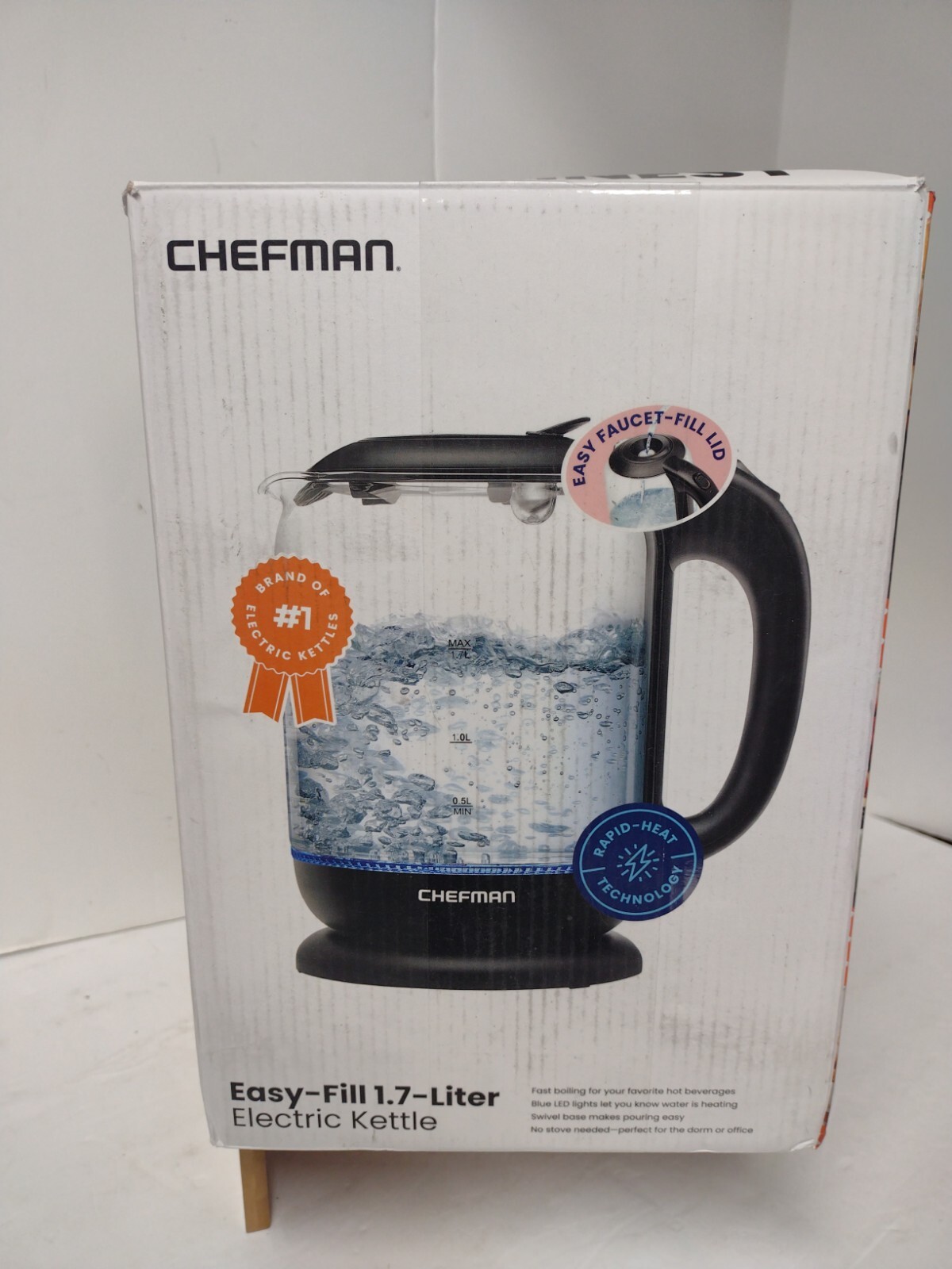 Chefman Glass Electric Kettle 1.7L Easy Fill Top Black 360° Swivel Tea