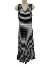 Banana Republic Dress Size 8 Flutter Midi Navy Blue White Stripe Ponte Knit
