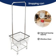 Wire Laundry Basket Cart W/Hanger Rack Trolley Grocery 4 Wheels Household
