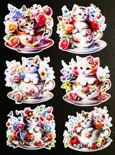 Beautiful DIE CUT CARD TOPPERS Cute Kittens Cups & Saucers with Flowers Birthday
