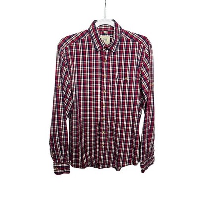 Frank & Oak Button Down Shirt Mens Medium Red Plaid Roll Tab Sleeve Cotton