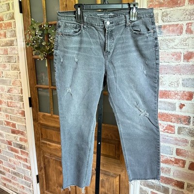 Old Navy Jeans Women 14 Gray Mid Rise Boyfriend Distressed Raw Hem Denim