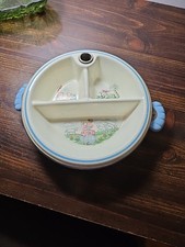 Vintage 1940s Little Bo Peep Divided Bowl Warmer Dish Ceramic and Chrome Blue