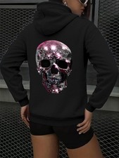Women'S Glitter Skull Print Hoodie - Light Gray Zip-Up Pullover with Black Draws