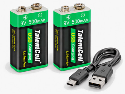 2 Pack TalentCell 9V Lithium Ion Rechargeable Battery + FREE Micro USB Cable