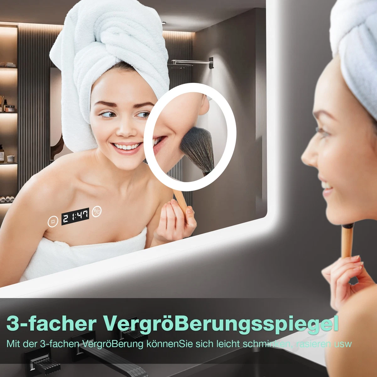 Badspiegel mit LED Beleuchtung Touch+Beschlagfrei+3Lichtfarbe+Uhr,LED Wandspiege