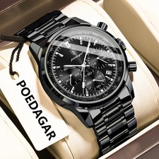 POEDAGAR Men's Quartz Watch Luxury Stainless Steel 30M Waterproof Luminous NEW