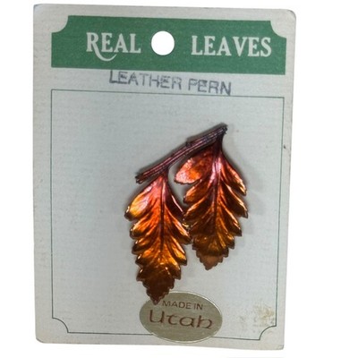 Vintage Small Shades of Orange Enamel Double Leaf Stem Pin Brooch Jewelry Fall