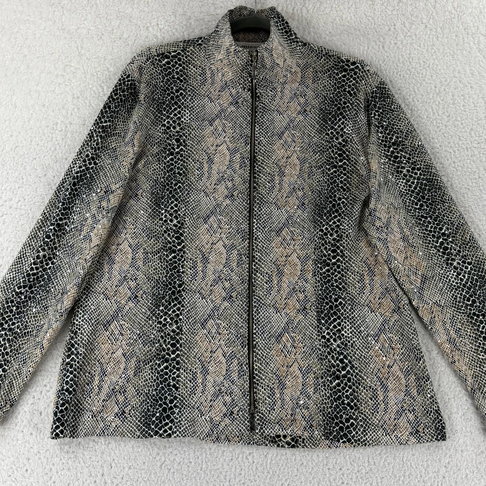 Chaqueta Exclusively Misook Mujer Mediana Marrón Negro Piel de Serpiente Lentejuelas Cremallera Completa Foto 2 de 4