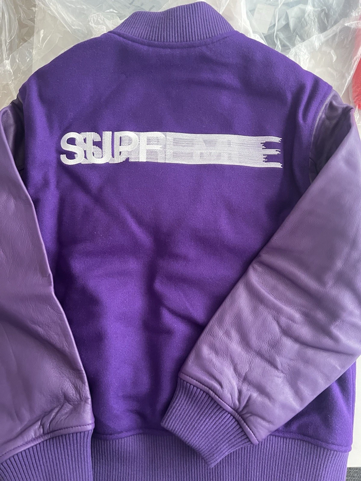 Giacca Supreme Viola Movimento Logo Varsity Braccia Pelle Taglia M