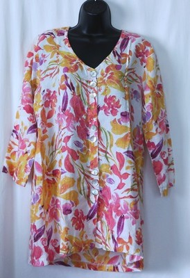 HABITAT Floral Linen Print VNck Tunic 3/4 Slvs 38 In Chst 32 In Lng Sz S EXC