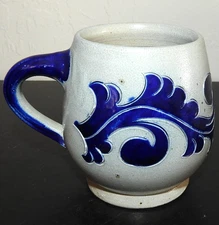 Vintage Handarbeit German Salt Glaze Pottery Coffee Mug Cobalt Blue Scroll