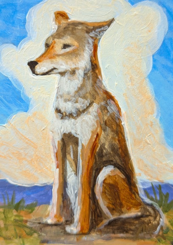 ACEO Original 3.5"x2.5" inch Hand Painted, Coyote, Dog, Wolf, Cloud,OOAK Misael 