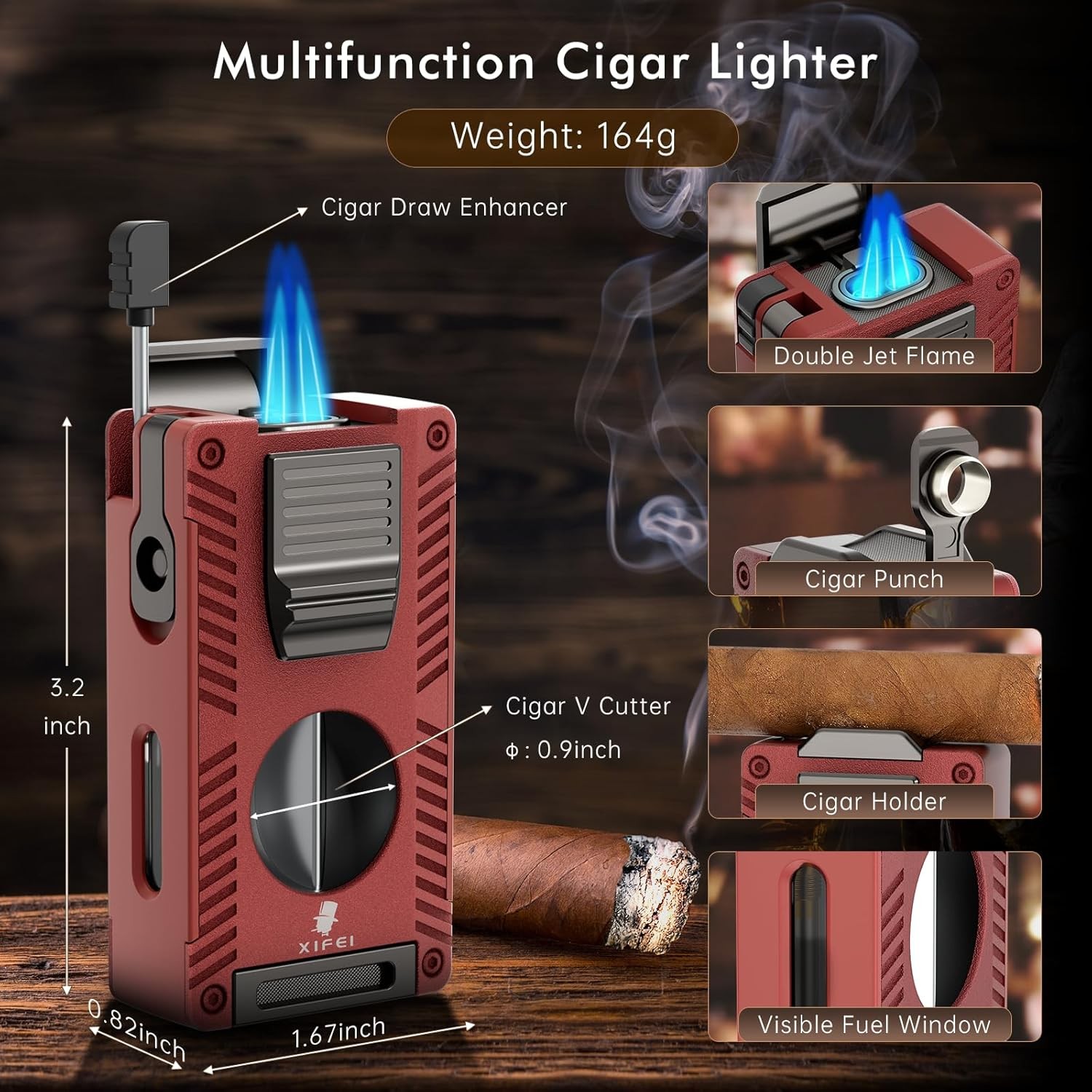 Double Jet Torch Lighter with Cigar V Cutter & Punch, Refillable Butane (Red)