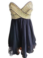 Blondie Nites Cream Navy Stacy Sklar Strapless Dress Beaded Sequins Tulle Size 3