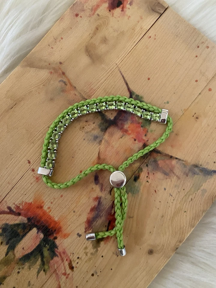 Faceted Peridot Stone 925 Sterling Silver Bolo Slide Tennis Bracelet Woven Cord - Image 4 of 4