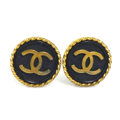 Auth CHANEL Vintage CC Logo Clip Boucles d'oreilles Or/Noir Métal/Plastique -... - Photo 1/4