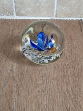 Collectible Handmade Glass Orb Paperweight Featuring An Internal Blue Flower 3"