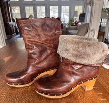 UGG Fold Over Shearling Leather Brown Mid Calf  Lynnea II 1001793 Clog Boot Sz 9