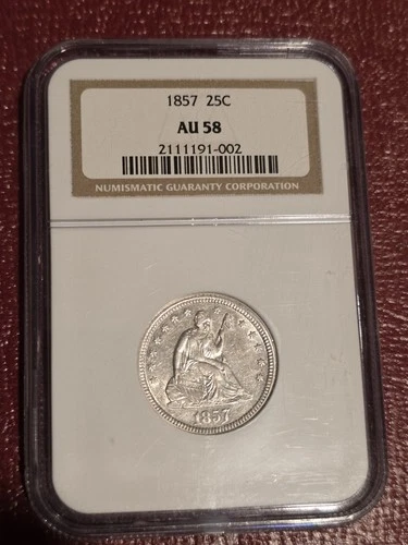 1857 NGC AU58 25 Cent Seated Liberty Graded Coin Rare Great Investment Silver