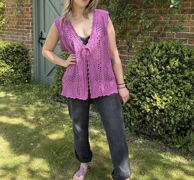 Vintage Size 3XL 18-24 Pink Crochet Knit Tie Front Knit Waistcoat Laura Kent