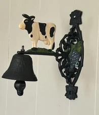 Vintage Cast Iron Dinner Farm Bell Painted Cow Wall Mount 8in Base