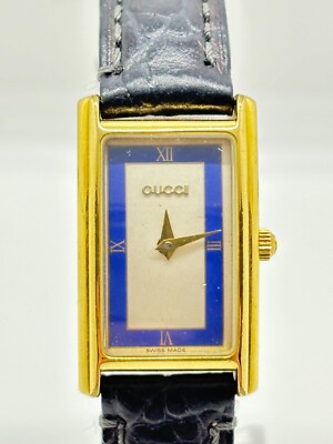 Exc+5] GUCCI 2600L Gold Blue Rectangle Womens Watch Vintage Used