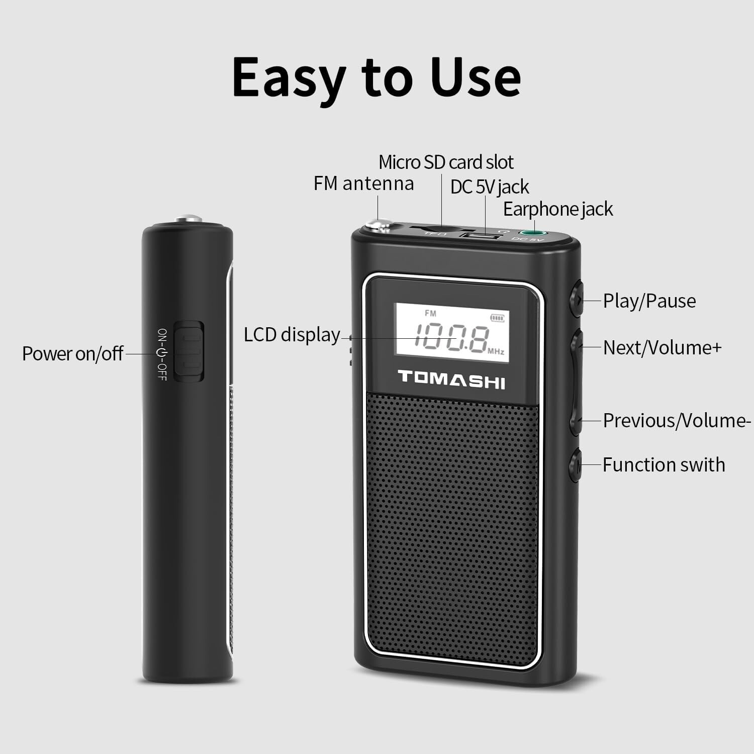 TOMASHI Tiny Portable FM Radio with USB Charging, Pocket Radio with Micro SD 