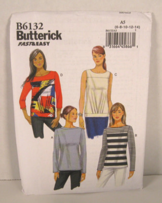 Butterick 6132 Fast & Easy Close-Fitting Pullover Tops Pattern Misses' 6-14 UC