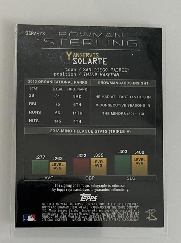 2014 Bowman Sterling Rookie Auto Yangervis Solarte #BSRA-YS RC San Diego Padres - Image 2 of 2