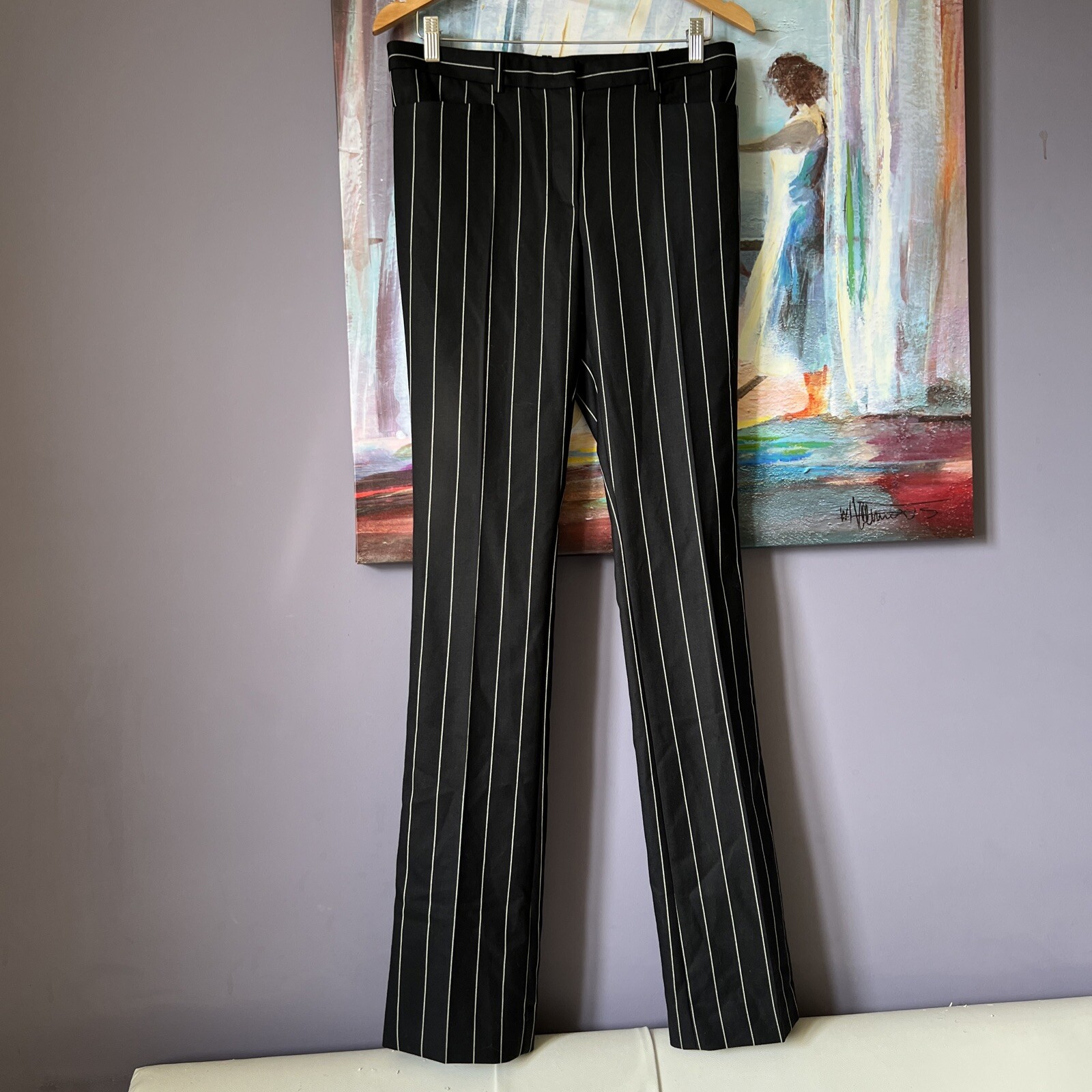 Versace 38 Pants Women Black Polyester Blend Striped Office Business Casual Tall