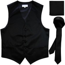 New Men's Solid Tuxedo Vest Waistcoat 1.5" Skinny Necktie Set Black Prom