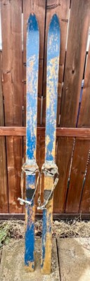 Very Old Vintage Set 68'' Long Wooden Snow Skis Blue Finish Leather Metal Binding