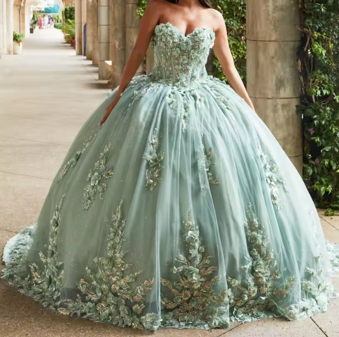 Mexican Mint Green Quinceanera Dress Ball Gown Sweet 15 16 Flowers 3D  Flowers