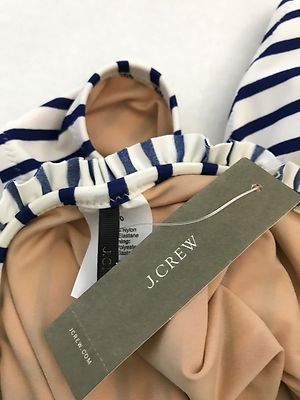 JCrew Ruffled Halter One-Piece Swimsuit Mixed Stripe XS Blue Ivory G2792  $118