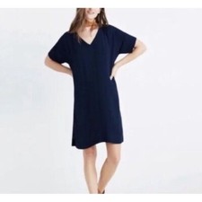 MADEWELL Women's Dress L NOVEL Shift Dress V-Neck Dolman Sleeve Crepe Blue