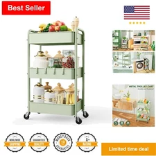 Metal Rolling Storage Cart with Wheels & Hooks - Easy Assembly Organizer - Green