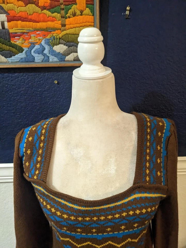 Aryeh Anthropologie Boho Brown Embroidered Square Neck Knit Dress Sz Large L - Image 2 of 4