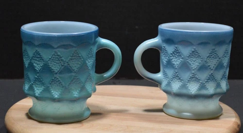 2 Vintage Anchor Hocking Fire King Kimberly Diamond Milk Glass Mug Blue Set of 2