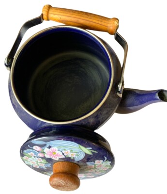 Vntg 1981 COBALT BLUE ENAMEL SAKURA TEA KETTLE POT GAILSTYN SUTTON