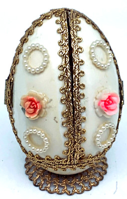 Hand Decorated Real Goose Egg Painted Jeweled Gift Box - Handmade - Two Doors