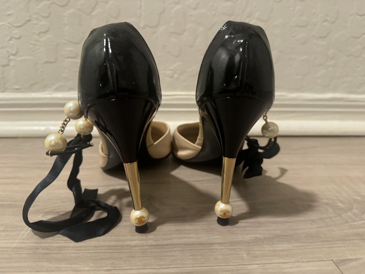 Chanel Pearl Heels 36 Beige Silk Black Patent Cap Toe Classic