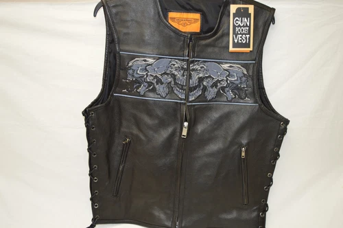 MEN'S SKULL LEATHER VEST WITH REFLECTIVE FEATURE W/2GUN POCKETS & SIDE LACES - product listing photo