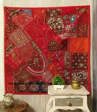 40" RED HUGE SARI BEADED SEQUIN EMBROIDERY DECOR THROW WALL HANGING TAPESTRY