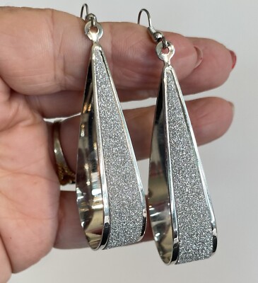 Vtg Silver Glitter Druzy Metal Oblong Hoop Earrings Bling Sparkle Evening Smooth