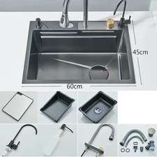 Stainless Steel Waterfall Kitchen Sink Large Single Slot Integrated 60X45Cm Fauc