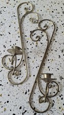 Home Interiors Homco Shiny Brass Wall Mount Candle Sconces Curved Scrolls set 2