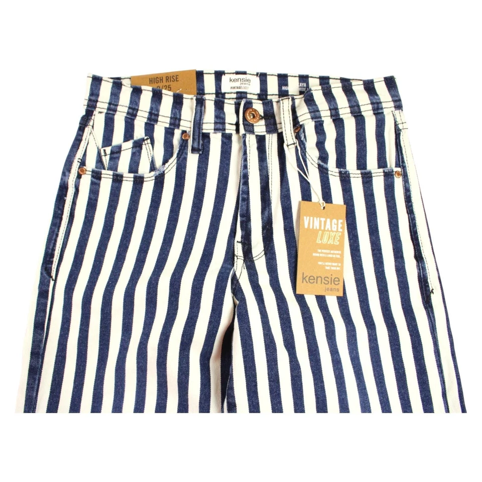 Pantalones de mezclilla Kensie Luxe para mujer talla 0 25x33 azules a rayas tiro alto pierna ancha $78 Foto 3 de 4