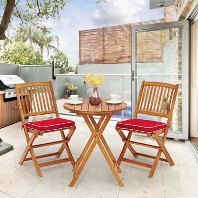 3PCS Folding Acacia Wood Bistro Set Patio Conversation Set w/ Red Cushions