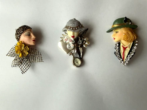 Figural Head Brooch Lot (3) Vintage Costume Jewelry, 1940-1960s